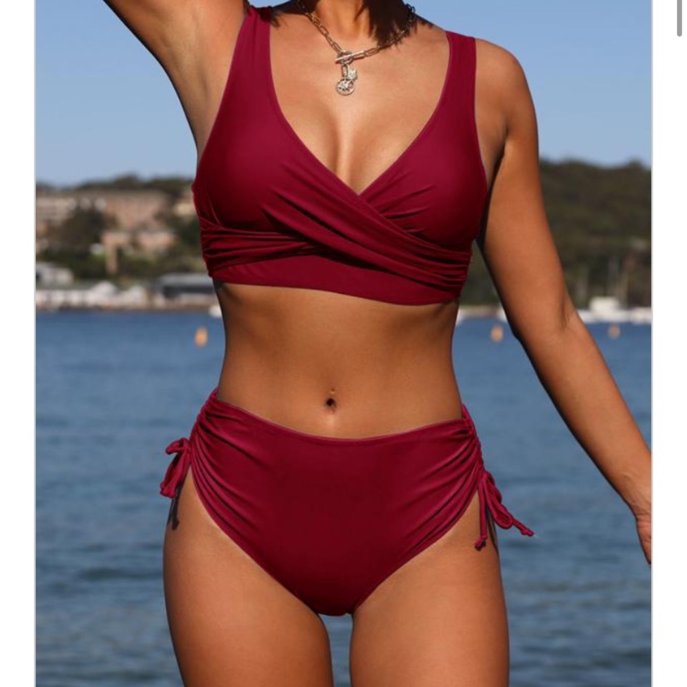 Twist front drawstring rutched high waist bikini